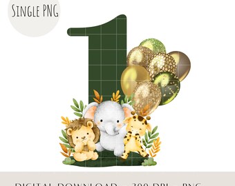 Safari Baby Animals PNG, First Birthday Design (Digital Download)