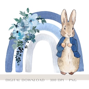 Peter Rabbit Christening Card Designs, Peter Rabbit Floral Rainbow Clip Art, Baptism Invite Card Design, Sublimation PNG, Birthday Decor PNG