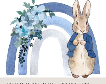 Peter Rabbit Christening Card Designs, Peter Rabbit Floral Rainbow Clip Art, Baptism Invite Card Design, Sublimation PNG, Birthday Decor PNG