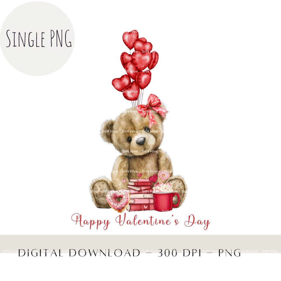 Valentines Teddy Bear PNG, Red Heart Balloon Design (digital Download ...