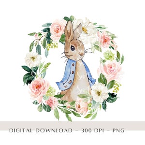 Peter Rabbit Rosa Blumen PNG, Einladen Kartendesign, Peter Rabbit Sublimationsdesign, Peter Rabbit Ostern PNG, digitaler Download, druckbare Kunst