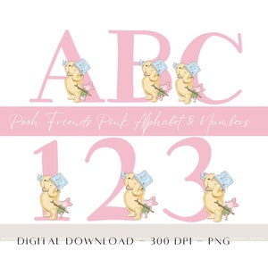 Classic Winnie and Piglet Letters Alphabet Numbers, Pink Alphabet, Pooh Monogram Baby Shower Birthday Décor, Instant Digital Download