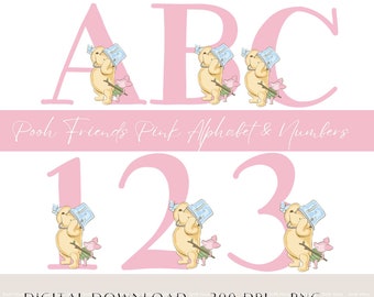 Klassieke Winnie en biggetje-letters alfabetnummers | Roze alfabet | Pooh monogram babyshower verjaardagsdecoratie | Directe digitale download