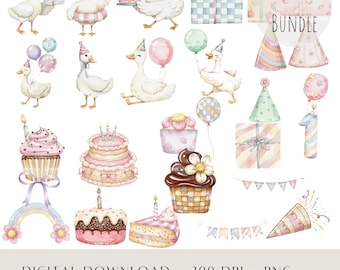 Imágenes prediseñadas de fiesta de cumpleaños de Silly Goose, ganso acuarela con lazos PNG, globos Coquette, dulces, 28 imágenes prediseñadas PNG de primer cumpleaños, uso comercial