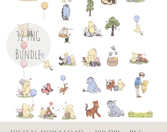 Paquete de 32 imágenes prediseñadas clásicas de Winnie the Pooh en formato PNG, estilo vintage de Pooh y sus amigos, ideales para baby shower, sublimación para guardería y descarga instantánea.