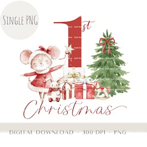 Premier Noël PNG, 1er Noël de sublimation de bébé souris, conception de cartes de Noël, souris ballerine de Noël pour tout-petits PNG, téléchargement numérique
