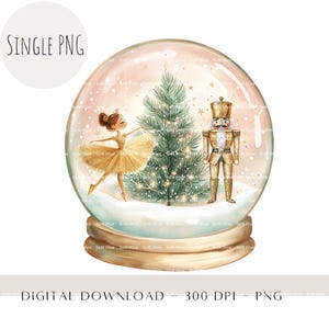 Globo de neve quebra-nozes PNG, clipart de balé de Natal dourado, bailarina e árvore em aquarela, design de sublimação de feriado dourado, download digital