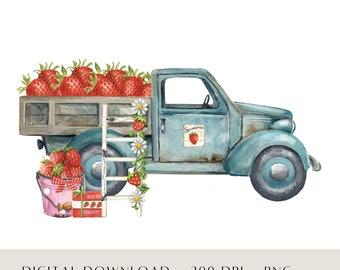 Farmhouse Strawberry Truck PNG, Strawberry Sublimation Design, Rustic Truck, Summer Fruits, Strawberries Patch, Instant Digital Download