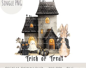 Conejo y gato negro de Halloween PNG, lindo diseño de sublimación espeluznante para niños, imágenes prediseñadas de conejito de truco o trato, imprimible de otoño
