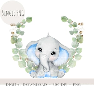 Baby Elephant Clipart, Watercolour Greenery Elephant PNG, Safari Jungle Animal Clipart, Nursery Art, Baby Boy Kids Sublimation Designs