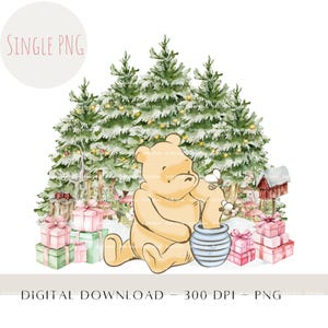 Winnie The Pooh Winter Christmas PNG, Sublimación de oso Pooh navideño, Diseño de tarjeta navideña, Diseño de saco de Papá Noel, Descarga digital instantánea