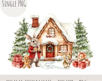 Red Rabbit Christmas House PNG, Kids Sublimation Design (Digital Download)