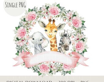 Safari-Baby-Tiere PNG, rosa Blumenkranz (Digitaler Download)