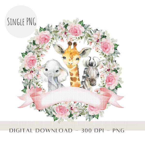 Safari Baby Animals PNG, Kids Sublimation Designs, Safari Birthday Décor, Pink Floral Wreath, Giraffe Heat Press, Jungle Party Printable