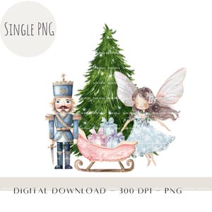Fada de Natal Quebra-Nozes PNG, Design de Sublimação de Férias, Fada com Trenó e Presentes Clipart, Decoração de Árvore de Natal, Download Digital