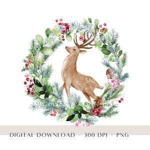 Winter Rendier Kerstmis PNG, Kerstkrans Clipart, Winter Decor PNG, Kinderen Sublimatie Ontwerp, Transfer Bestanden, Vakantie Instant Download