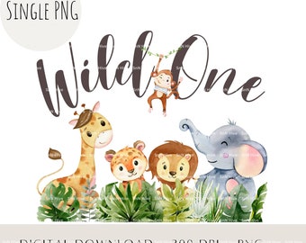 Watercolor Safari Animals PNG, First Birthday Cake Topper (Digital Download)