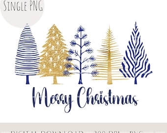 Navy Blue and Gold Christmas Trees PNG, Minimalist Holiday Design, Sublimation Design (Digital Download)