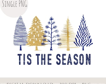 Navy Blue and Gold Foil Christmas Trees PNG (Digital Download)