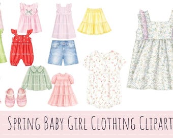 Paquete de 20 imágenes prediseñadas PNG de ropa de niña en acuarela, conjunto de imágenes prediseñadas de atuendos de primavera, vestidos de bebé niña, elementos de vestidos de moda infantil, uso comercial.