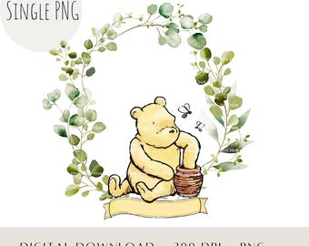 Pooh de cuento infantil con tarro de miel PNG, clipart clásico de oso con miel, diseño de sublimación para baby shower o cumpleaños, imprimible para guardería