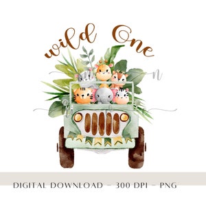 Wild One Baby Safari Tiere PNG, Aquarell Baby Tiere, Safari Sublimation Design, Geburtstagskarte Design, 1. Geburtstag Hintergrund