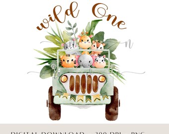 Safari Animals 1st Birthday PNG, Jungle Animals Number One PNG, Baby Safari Birthday Clipart, First Birthday Safari Sublimation Design