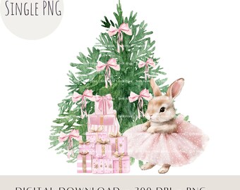 PNG de conejito con tutú navideño, diseño rosa para la primera Navidad del bebé, sublimación navideña para niña linda, clipart de conejito y árbol