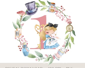 Alice & White Rabbit 1st Birthday PNG, Alice Sublimation Design, Princess Birthday, Alice First Birthday Digital Design, Digital Download