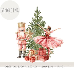 Clipart de Natal do Balé Quebra-Nozes, Design de Sublimação de Bailarina Rosa e Quebra-Nozes, Saco de Papai Noel para Árvore de Natal, Download Digital Instantâneo