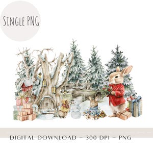 Winterwald Waldweihnachten rotes Kaninchen PNG, Kinder Sublimationsdesign, Häschen Weihnachtskartendesign, Weihnachtssack Design, digitaler Download