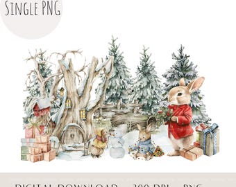 Winter Woodland Rabbit PNG, Christmas Card Design (Digital Download)