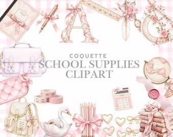Coquette School Supplies Clipart Bundle | Pink Aesthetic Stationery PNG | Girly Desk Essentials | Bow & Cherry Watercolor Clipart