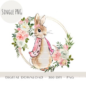 Pode incluir: Uma ilustração em aquarela de um coelho marrom vestindo uma jaqueta rosa e um laço rosa. O coelho está cercado por uma coroa de flores rosa e brancas e folhas verdes. A coroa está dentro de um círculo dourado.