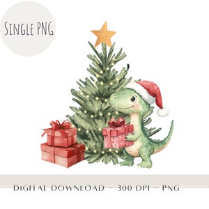 Dinosaurier Weihnachten PNG, Kinder Sublimationsdesigns, süßer Dino mit Weihnachtsmütze Shirt Design, UV DTF Dateien, Weihnachtsbaum, sofortiger digitaler Download