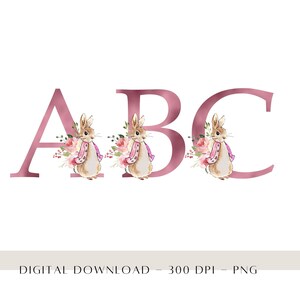 Rosa Blumen-Häschen Alphabet & Zahlen PNG, Storybook-Häschen Buchstaben, Kinderzimmerdekor, Babyparty-Dekor, Sublimationsdesign, digitaler Download