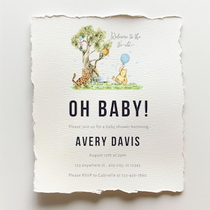 May include: A baby shower invitation with a watercolor illustration of Winnie the Pooh and Tigger under a tree. The text reads "Welcome to the World" and "Oh Baby!" with event details for Avery Davis.