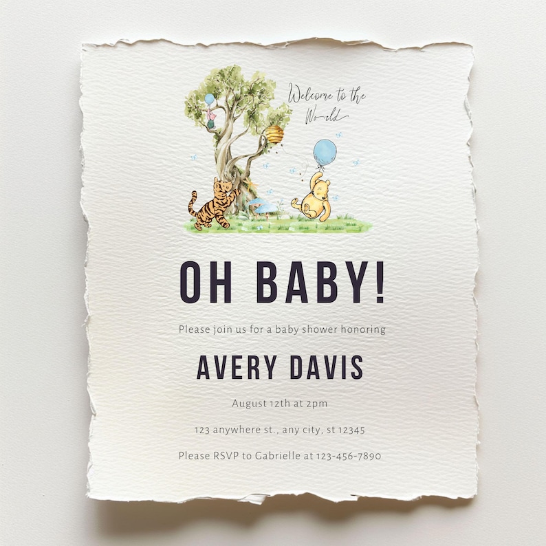 May include: A baby shower invitation with a watercolor illustration of Winnie the Pooh and Tigger under a tree. The text reads "Welcome to the World" and "Oh Baby!" with event details for Avery Davis.