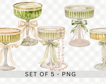 Matcha Coupe Glasses Clipart, Pearls Bow, Coupes Watercolor, Bridal Shower Bar Cart Illustration, Wedding Cocktail Party Sublimation PNG