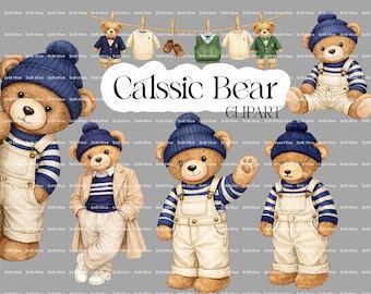 Imágenes prediseñadas de oso preppy clásico PNG, imágenes prediseñadas de atuendo de oso de peluche neutro para fiesta de bebé niño, recortes de diseño de sublimación, UV DTF Nursery Bear PNG
