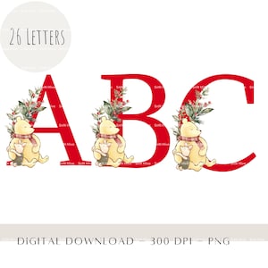 Classic Pooh Red Alphabet PNG, Weihnachten einzelne Buchstaben Alphabet Clipart, Weihnachtsalphabet, Santa Sack Design PNG, digitaler Download