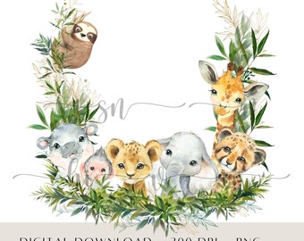 サファリ動物の昇華プリントデザインPNG、1歳の誕生日ジャングル動物、赤ちゃんサファリ1歳の誕生日PNG、ジャングル誕生日、ケーキトッパー、シャツ