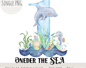 Under the Sea 1st Birthday PNG, Number ONE Sublimation Design, Ocean Theme Party Clipart, Printable Image for Kids, Instant Digital Download