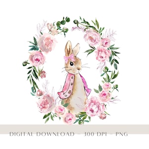 Flopsie Bunny PNG, Storybook Kaninchen Geburtstag PNG, Vintage Kaninchen Blumenkranz Aquarell Design, Kartendesign, druckbare digitaler Download