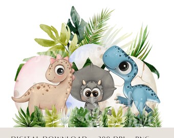 Watercolor Baby Dinosaur Clipart PNG, Cute Dino Nursery Graphics, Baby Shower Dinosaur PNG, Dino Birthday Party Clipart, Commercial Use