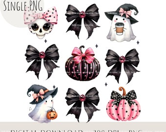 Könnte beinhalten: Ein Set mit neun digitalen Clipart-Bildern zum Thema Halloween. Die Bilder beinhalten einen Geist, der eine Kaffeetasse hält, einen Geist, der einen Kürbis hält, einen Kürbis mit einem rosa-schwarzen Tupfenmuster, einen Schädel mit einer rosa-schwarzen Tupfen-Schleife und drei schwarze Schleifen mit rosa Akzenten.