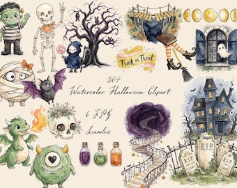 Cute Halloween Clipart Bundle Whimsical Watercolor Ghosts Witches Spooky bats Vampires PNG Card Making Graphics Stickers, Commercial Use