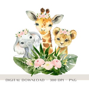 Animais bebê Safari, aquarela crianças animais sublimação PNG, Safari Clip Art, decoração de aniversário do zoológico, download digital Wild One Cake Topper