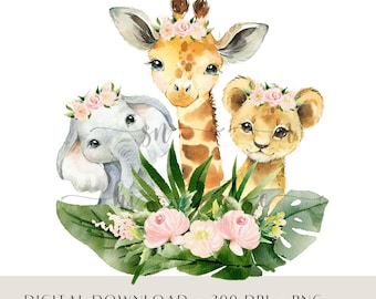 Aquarell Safari Baby Tiere PNG, Zoo Geburtstag Clipart (digitaler Download)