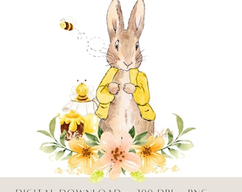 Peter Rabbit Spring Easter Clipart, Peter Rabbit Floral Watercolours Design, Flopsy Bunny PNG, Invite Card Design, Peter Rabbit Sublimation
